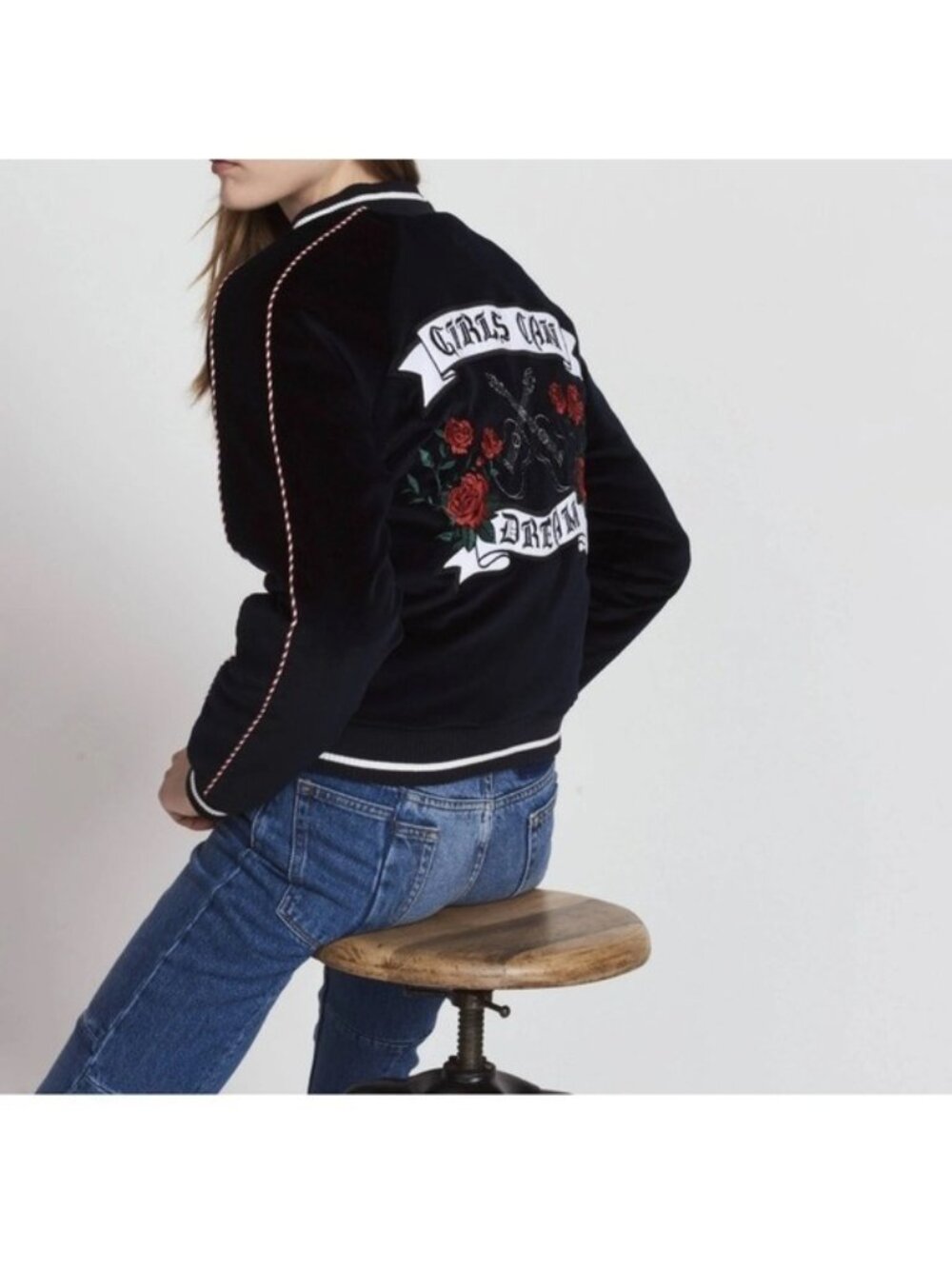 Sandro Paris Women Reversible Bomber Jacket Black/dark navy Velvet sz 0